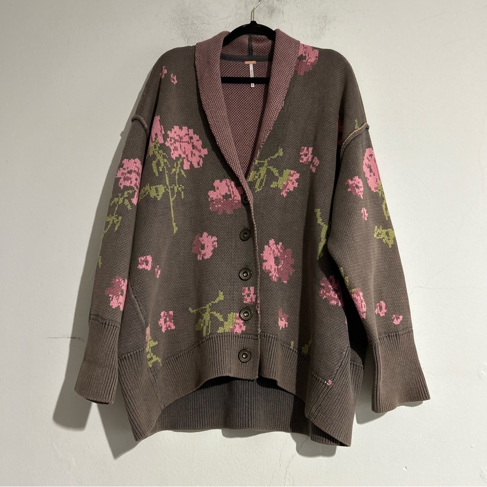 Free People Chamomile Floral Cotton Cardigan Sweater Oversized Medium - Picture 2 of 13
